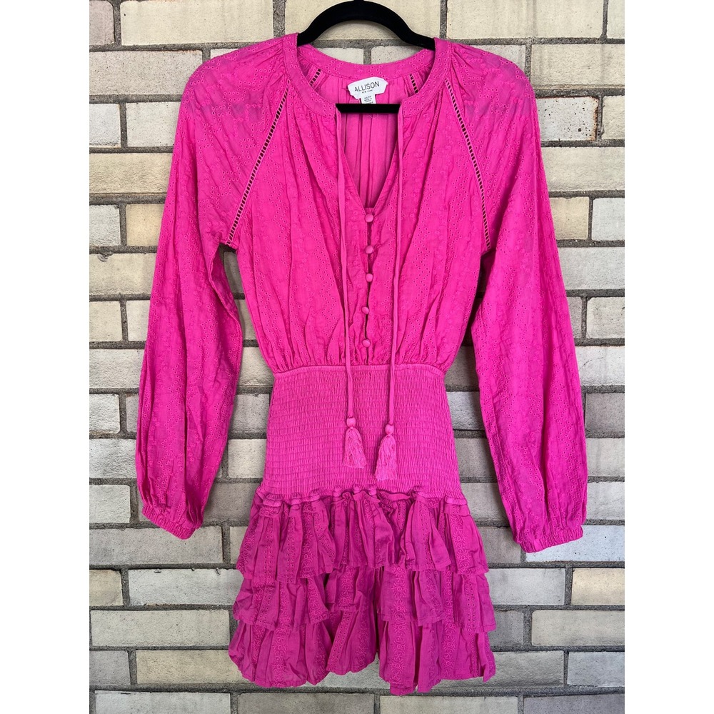 Allison New York‎ Hot Pink Eyelet Smocked Ruffle Mini Dress XS